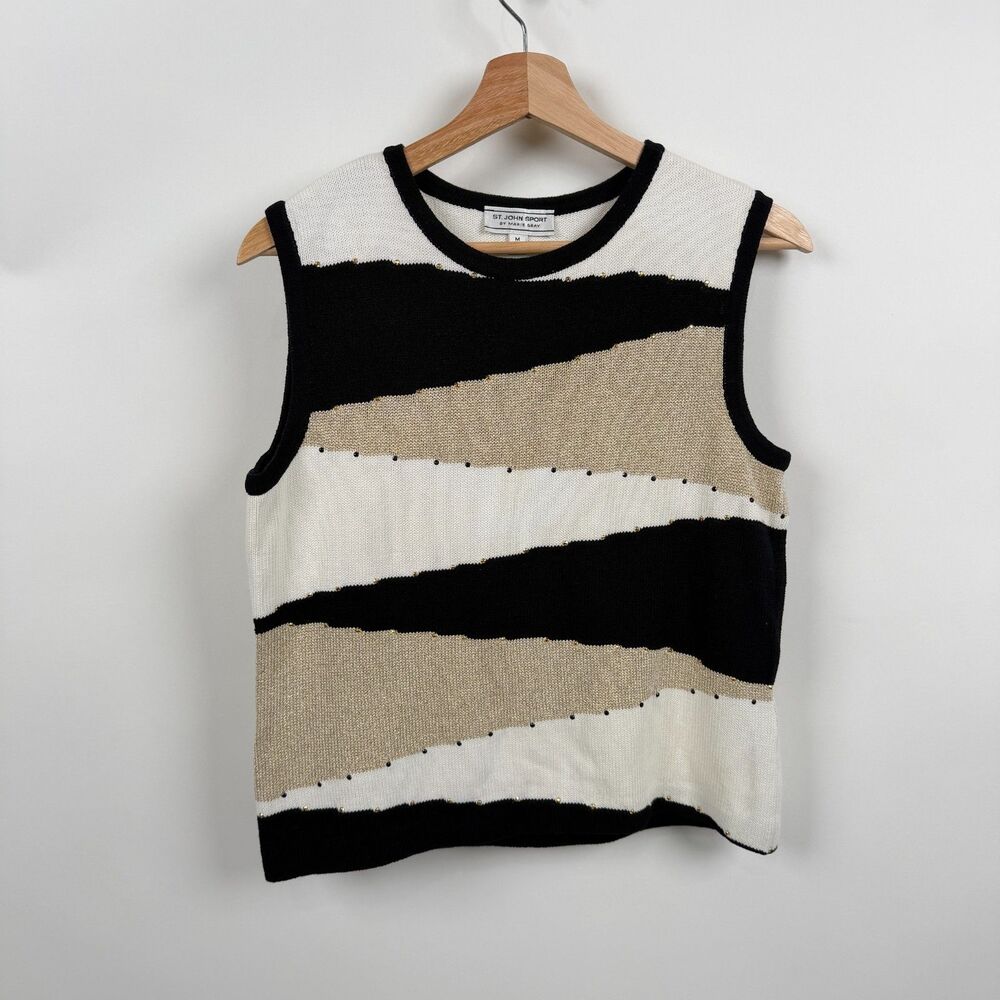 Vintage St John Sport Sleeveless Santana  Knit Top Womens M Colorblock Studded